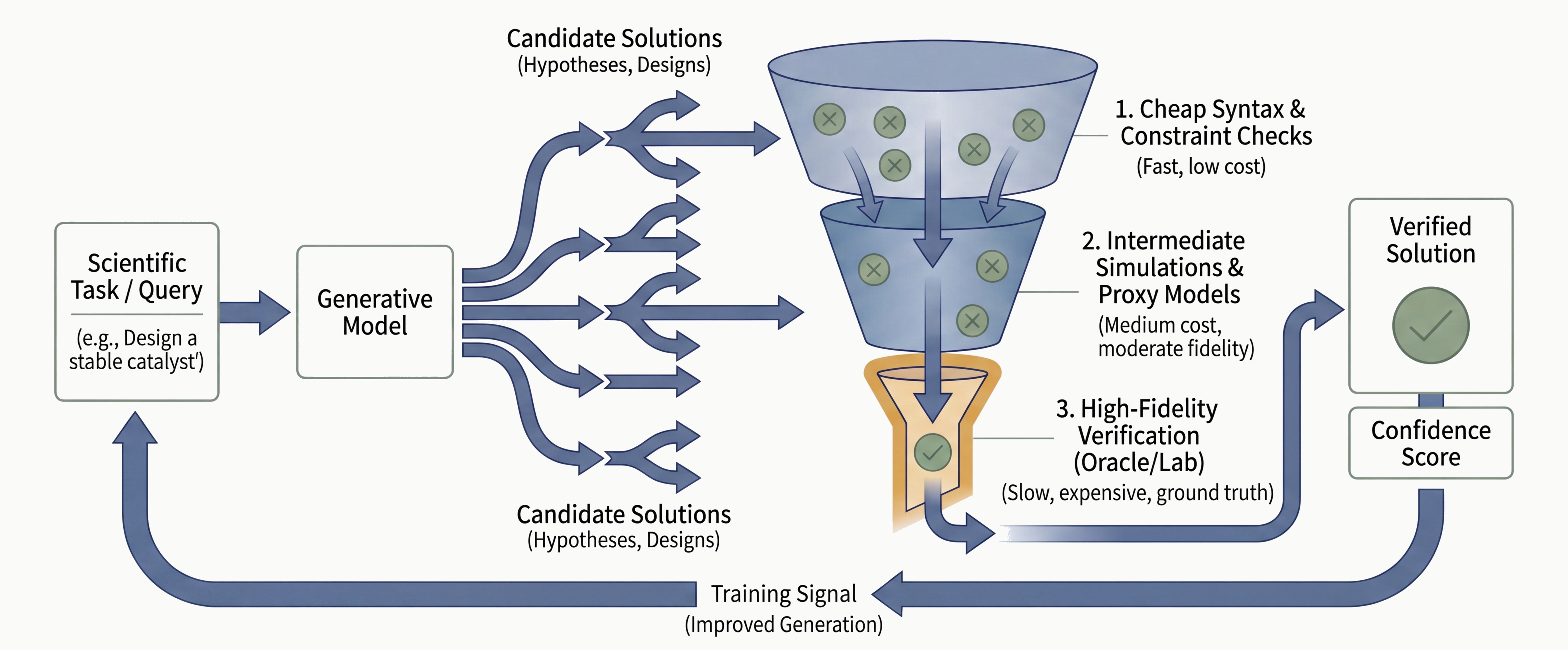 Test-time verification pipeline: candidates flow from a generative model through three increasingly expensive verification stages (cheap constraint checks, proxy models, high-fidelity oracle/lab) with a training signal feedback loop from verified solutions back to the generator
